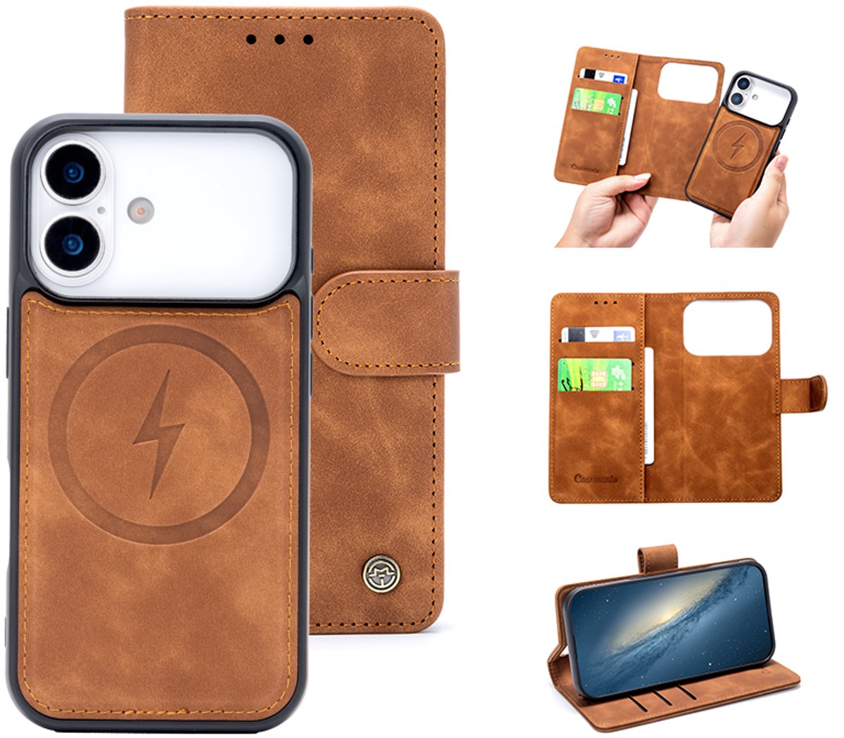 Casemania Hoesje Geschikt voor Apple iPhone 18 Pro Max - Sienna Brown - Kunstleer 2 in 1 Afneembare Bookcase - Geschikt voor MagSafe - Magnetische Telefoonhoesje met Pasjeshouder en Standaardfunctie