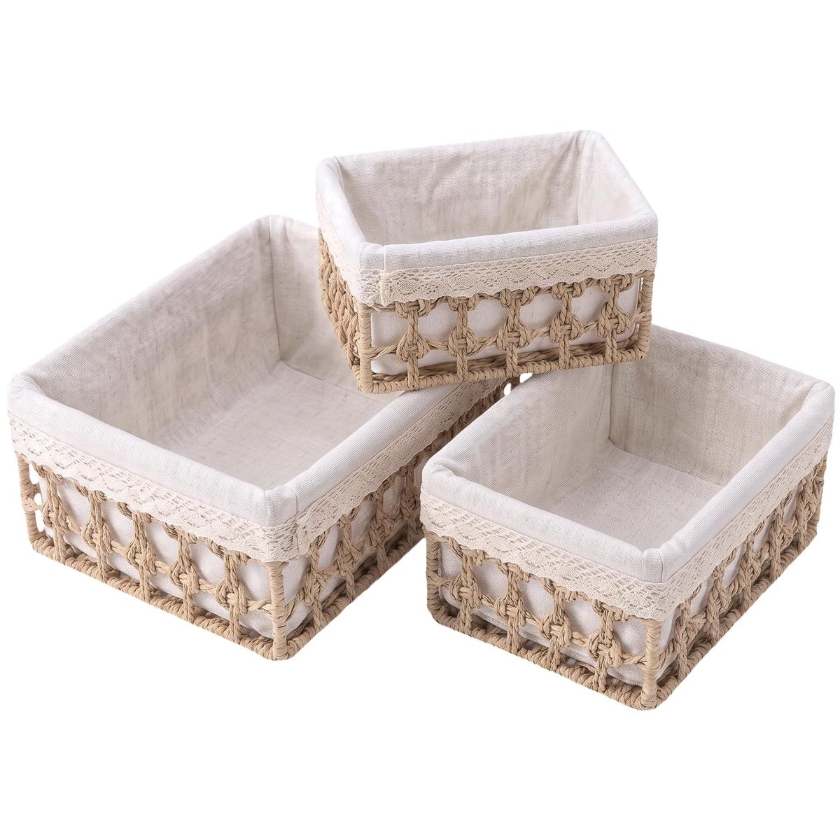Set van 3 gevlochten manden van papier met stoffen inzetstuk, luieremmer organizer voor babykamer, luiermanden, cosmetica, badkamer en plank, boho kant