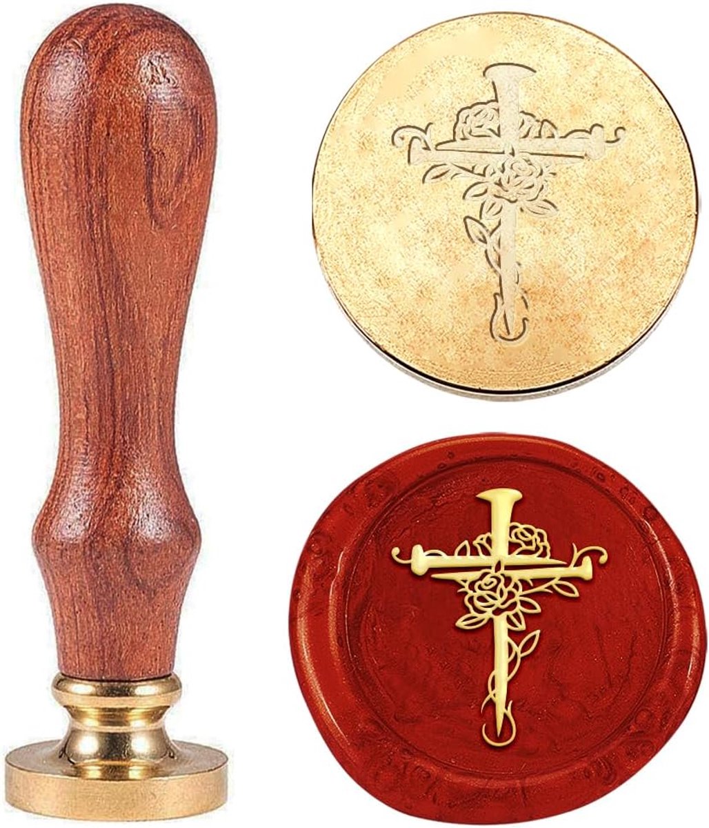 Dailygoods- Waszegelstempel Vintage - Kruis/Roze Design - 25 mm - Afneembare Messing Stempelkop - Houten Handvat - Voor Enveloppen/Uitnodigingen - Zeg