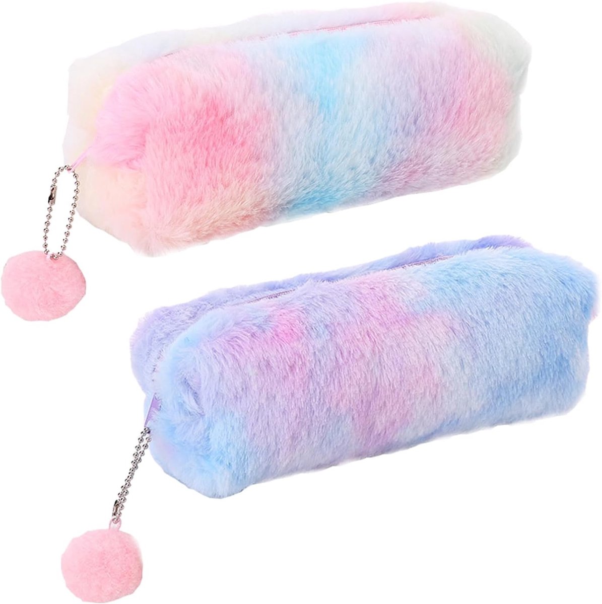 Dailygoods- Pennenetui Set van 2 - Zachte Pluche Etui - Grote Capaciteit - Roze/Paars - Regenboogdesign - Afmeting 19 x 3 x 7 cm