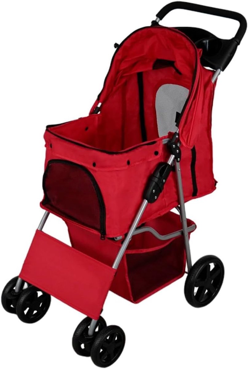 Hondenbuggy Kinderwagen Drager Opvouwbare Trolley Reiskar 15kg Draagvermogen 4 Wielen Remmen Kat Hond Veiligheid Snelsluiting Riem Kussen Zonnescherm Mand Bekerhouders Waterdichte Regenhoes