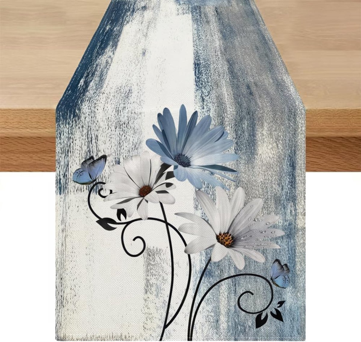Tafelloper, 40 x 140 cm, lente, zomer, modern, blauw, loper, tafel, outdoor, weerbestendig, bloemen, madeliefjes, tafeldecoratie, seizoensgebonden, wasbaar, voor keuken, binnen, buiten, boerderij