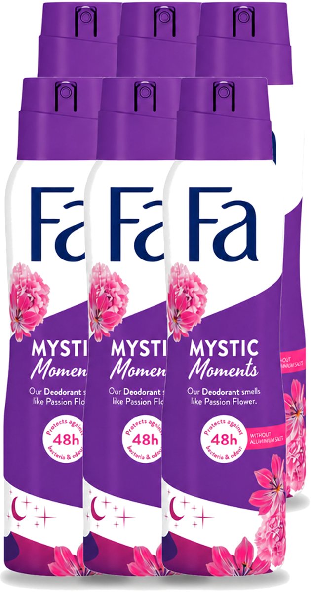 6 x Fa - Deodorant Spray - Mystic Moments - Passiebloem geur - 48 uur Bescherming - 150 ml - Voordeelverpakking - 6 stuks