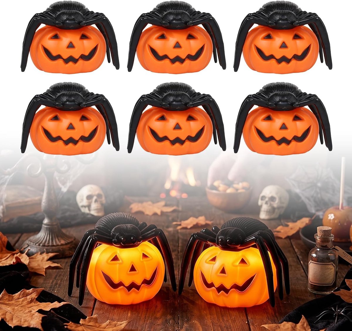 6 stuks Halloween decoratieve pompoenlantaarn, pompoen windlicht led pompoen Halloween decoratie, verlichte pompoenlantaarn met batterij, herfstdecoratie, pompoenlantaarn, spinnenhoed voor