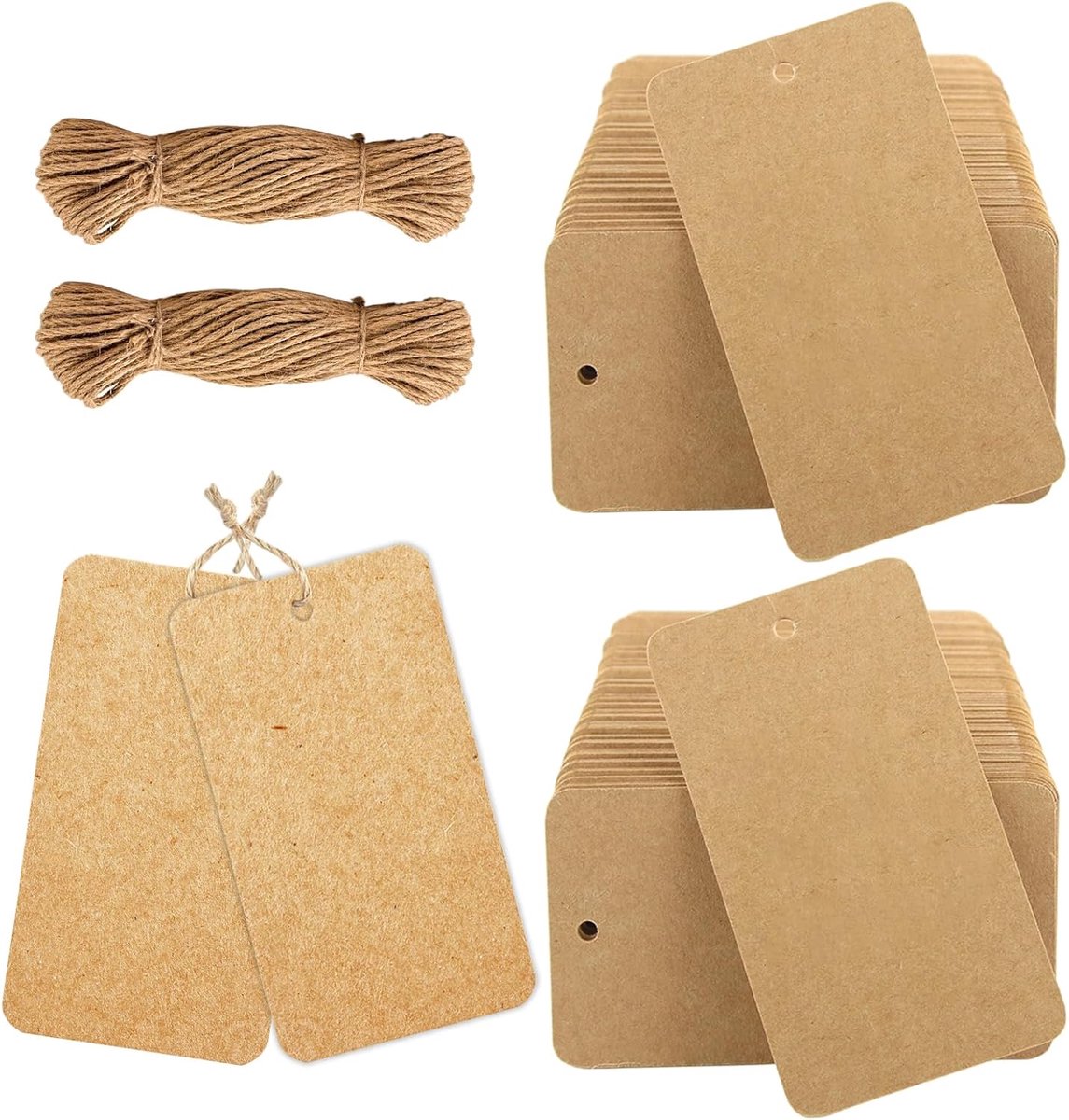 Dailygoods- Cadeaulabels 200 Stuks - Kraftpapier 9 x 5cm - Extra Dik 300g/m² - Bruin - Beschrijfbaar - Jute Touw - Label