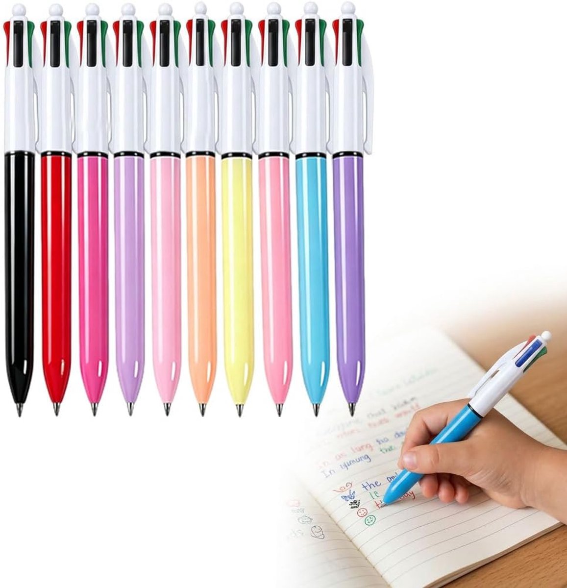 10 stuks 4-in-1 intrekbare balpen, meerkleurige balpen met 1 mm punt voor dagelijks gebruik, notities markeren, ideaal als accessoire voor kantoor, school en verpleegkundige