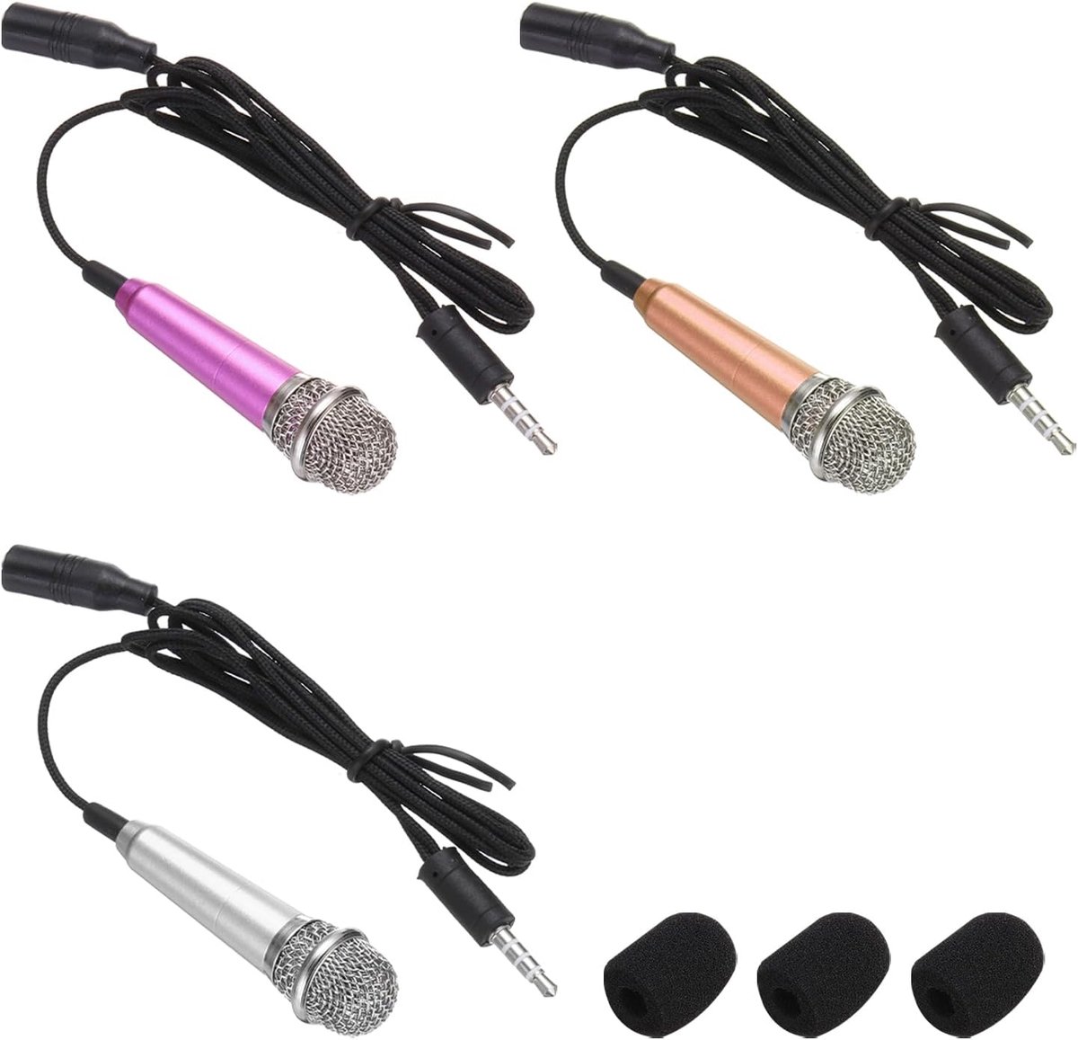 3 stuks mini-microfoon, kleine microfoon, telefoonmicrofoon, kleine microfoon met sponsafdekking voor het opnemen van telefoonstemmen, hot pink/goud/zilver