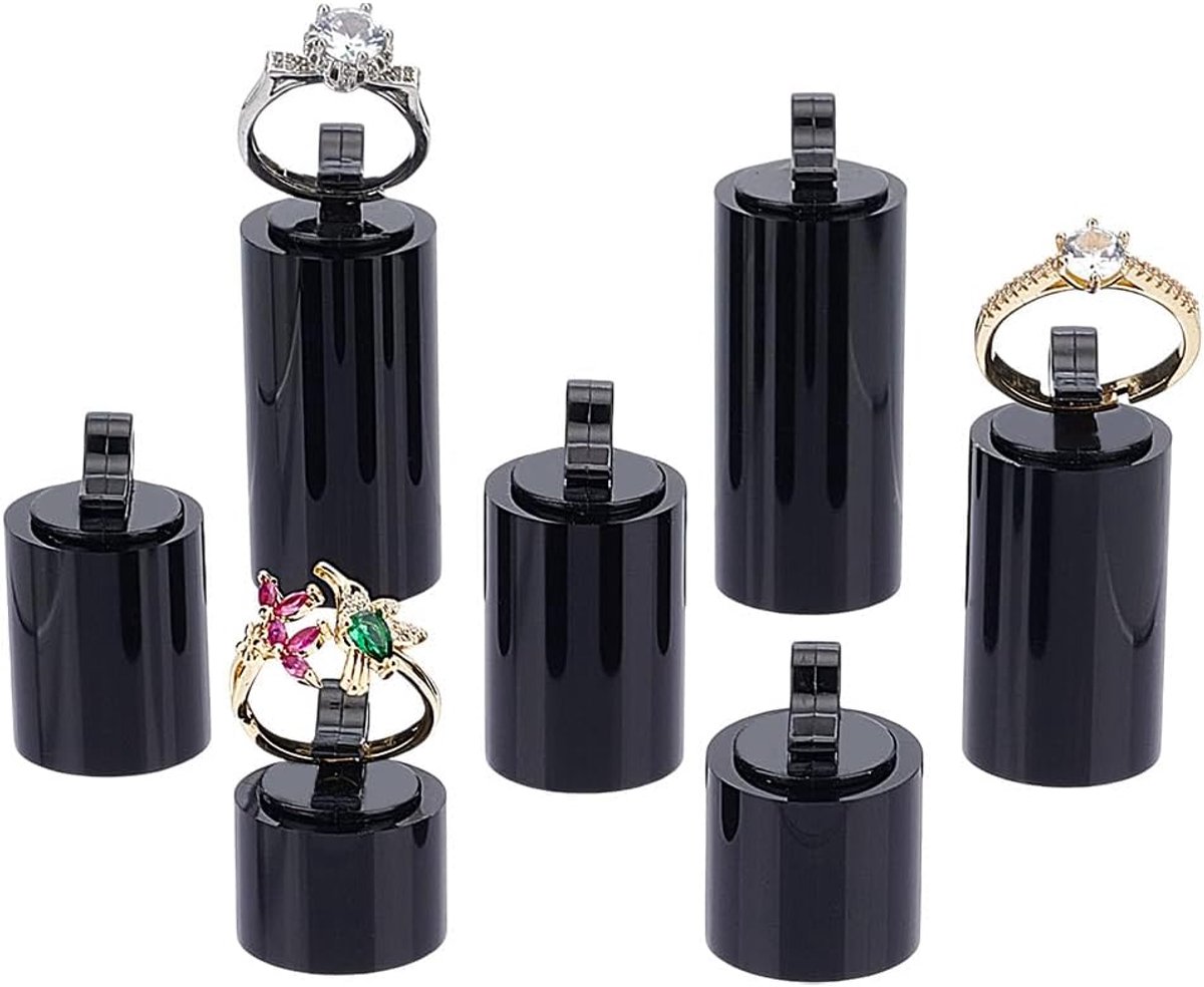 Dailygoods- Ringdisplay 7 Stuks - Zwart Acryl - Kolom Vorm - Sieradenstandaard voor Ringen - Organizer - Showcase Display - Sieradenstand