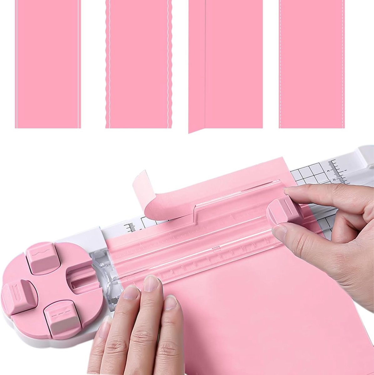 Dailygoods- Papiersnijder 4-in-1 - Fotosnijder - Snijmachine voor knutselpapier - Geperforeerd/golvend/rechthoekig mes - Meetlijn tot 90 graden - Roze