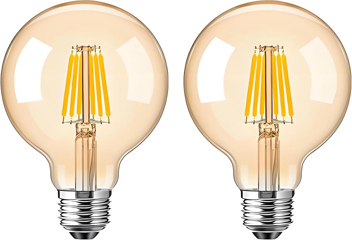 G80 Vintage gloeilamp, 6W komt overeen met 60W led, warm licht 2700 K, amberglas, decoratieve lamp met antiek filament, niet dimbaar, 2 stuks