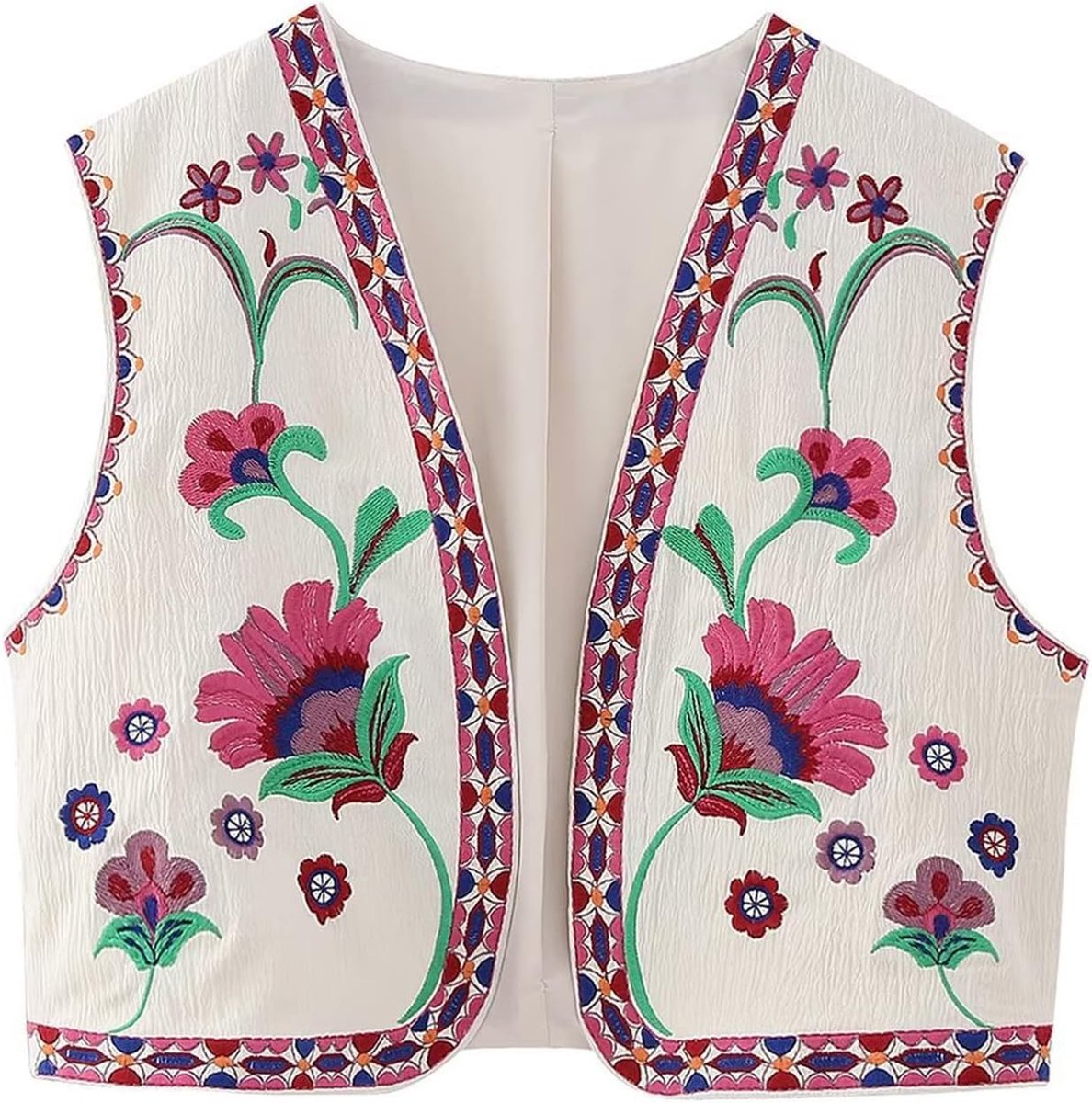 Zomervest voor dames, met bloemenborduurwerk, mouwloos, geborduurd, bloemen, retro, vintage