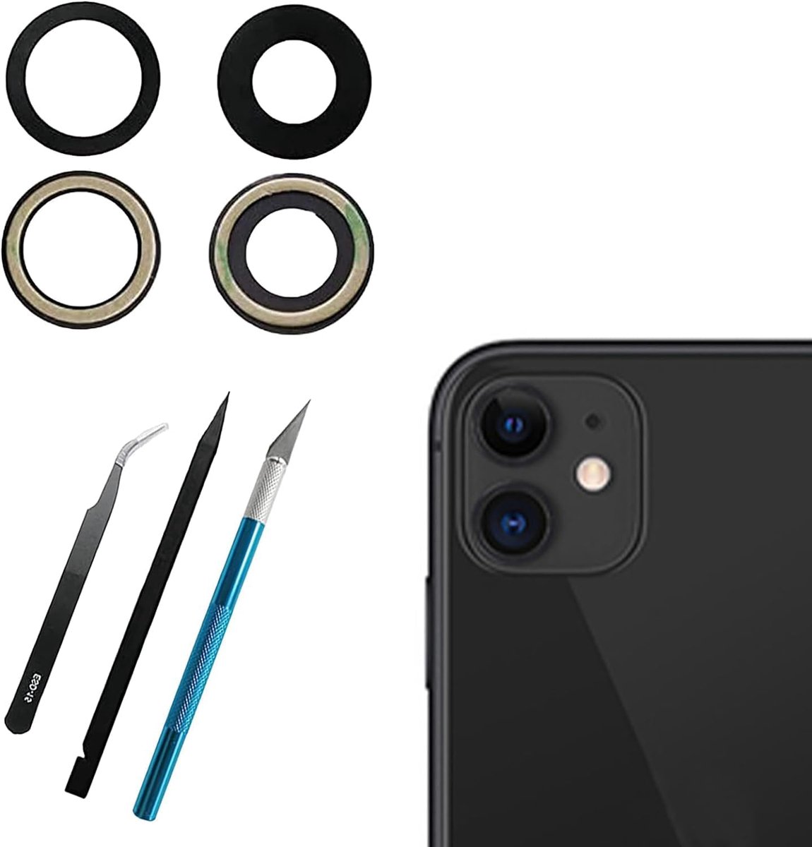 Vervanging van cameraglaslens voor iPhone 11,11 achteruitrijcamera, glazen lens vervanging met reparatiegereedschapskit en vooraf geïnstalleerde lijm, krasvast en waterdicht tegen lens