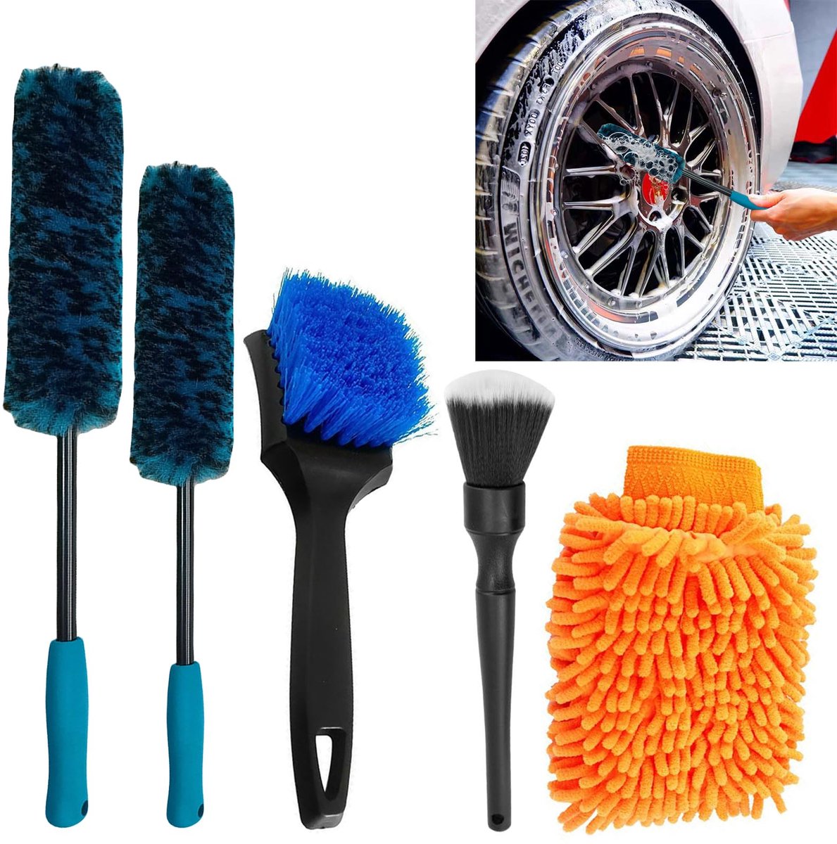 autoreinigingsset 5-delig - velgenborstel microvezel - voor binnen en buiten - optimale autoverzorging - ShopVlot