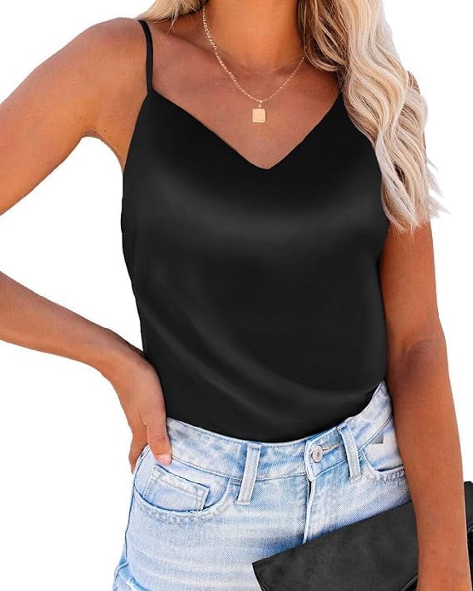tanktops van satijn, casual, zomer, basic, V-hals, mouwloos, blouses, tanktop, bandjes, tanktop