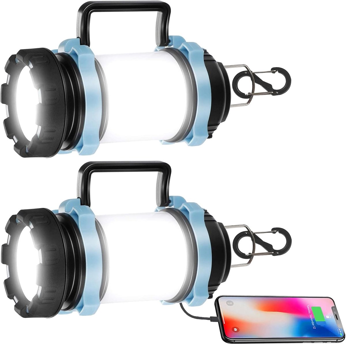 Set van 2 campingverlichting, oplaadbare led-zaklamp, 1000 lumen, buitenschijnwerper, hoogvermogen campinglantaarn voor tenten, wandelen, vissen, stroomuitval, noodgevallen