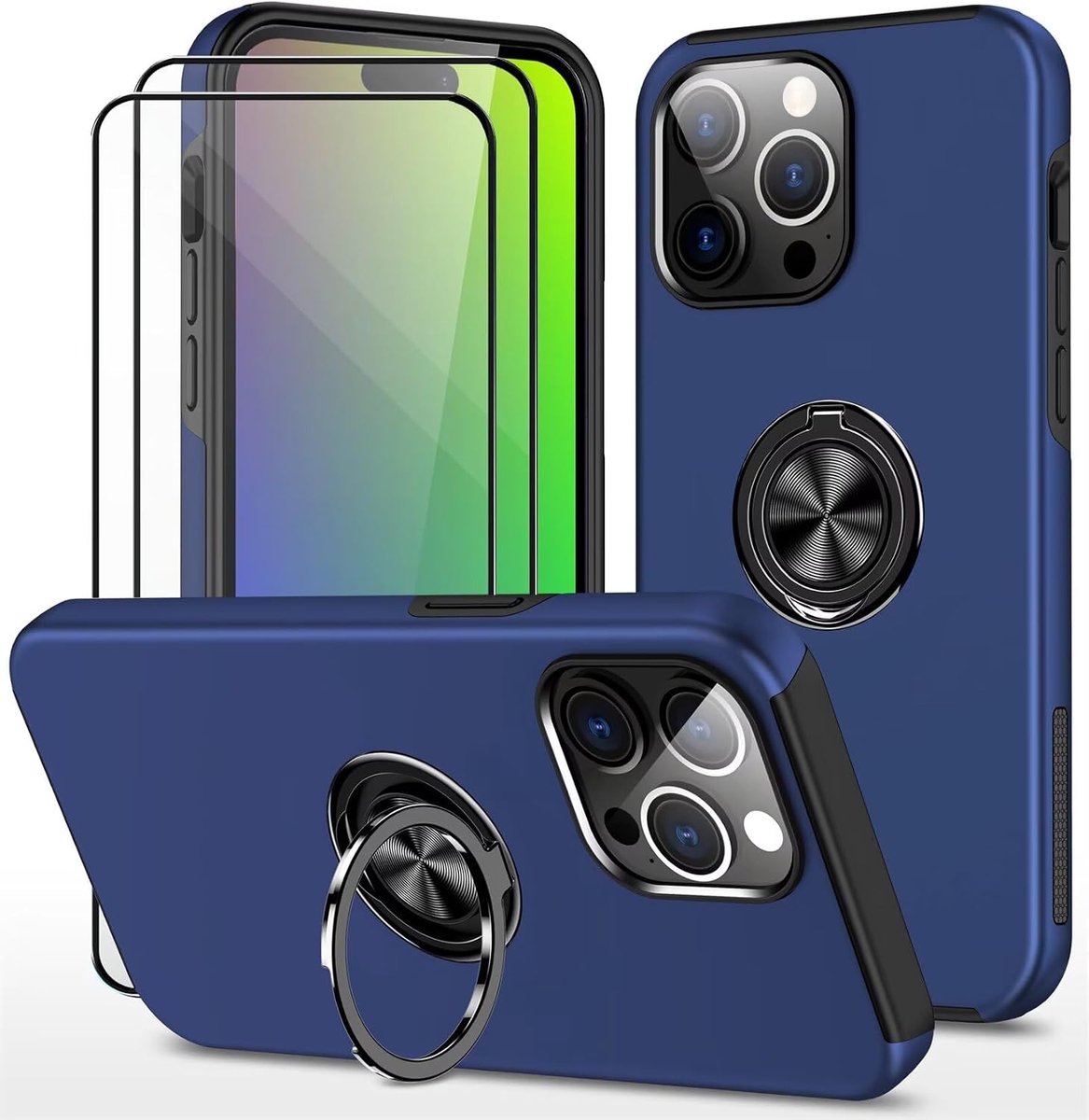 Beschermhoesje voor iPhone 15 Pro Max (6,7 inch) en 2 schermbeschermfolies van gehard glas, beschermhoes met ring, robuust, duurzaam, blauw