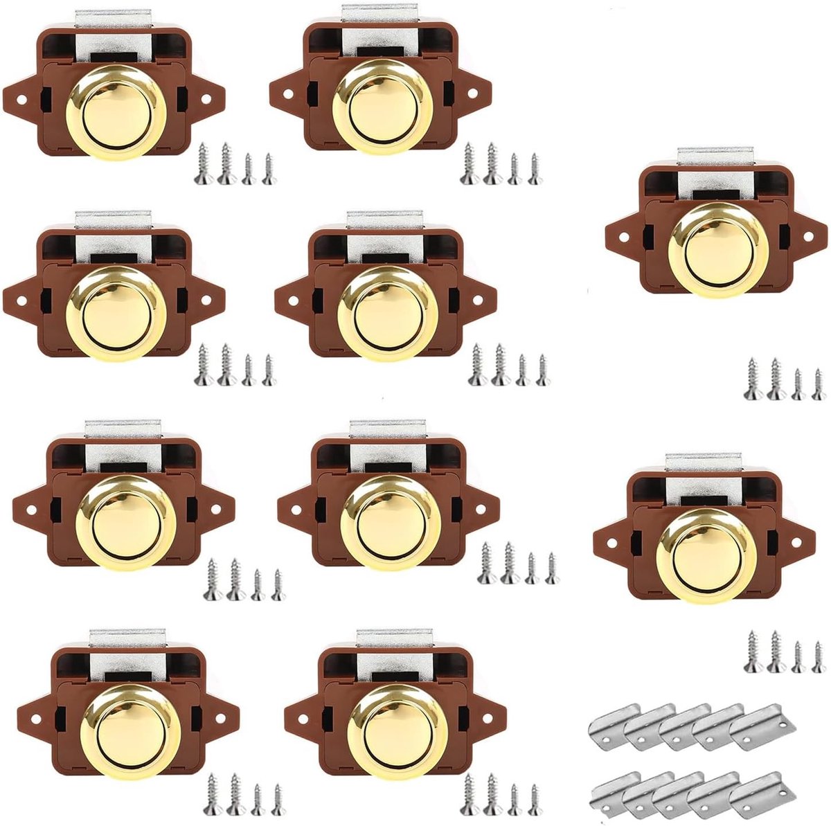 10 Stuks Drukknop Deurslot voor Meubels, Sleutelloze Beveiliging voor Campers, Jachten en Caravans, Geschikt voor Deuren van 14-16mm (Bruin-Goud)