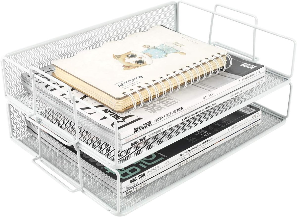 2 Tier A4 Mesh in Trays Stapelbaar Bureau Tidy File Houder Tijdschrift Opslag Papier Organiser, Wit