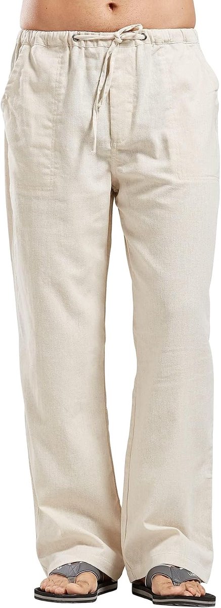 Lichte en ademende linnen broek voor heren, losse pasvorm, elastische tailleband met trekkoord, effen, ideaal voor zomer, vakantie en strand