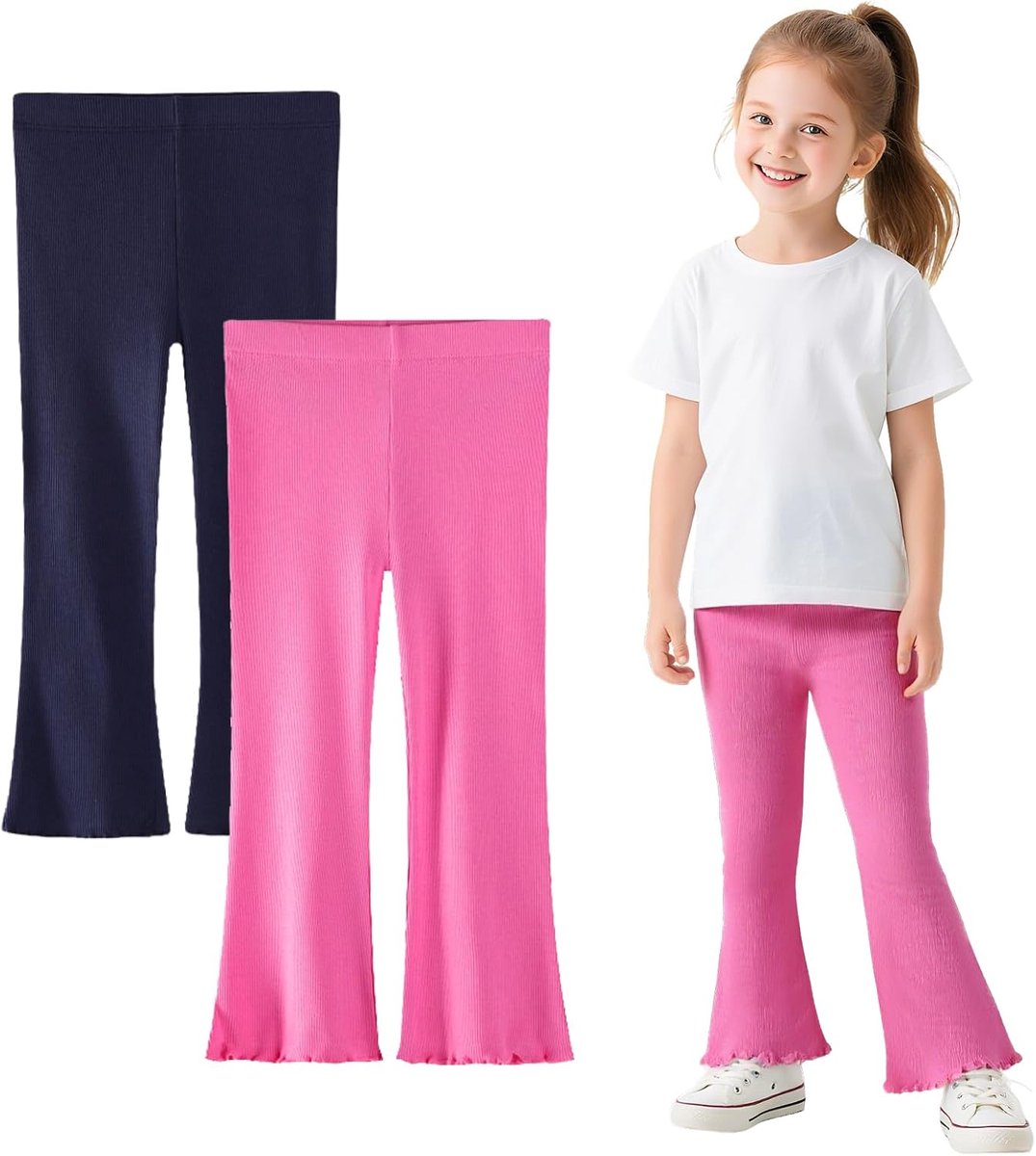 meisjeslegging van katoen, stretch, ademend, flared broek, 2-pack, kinderen, zachte flared yogabroek, dansbroek, effen, bootcut broek, lange legging, maat 92-122, 2-7 jaar