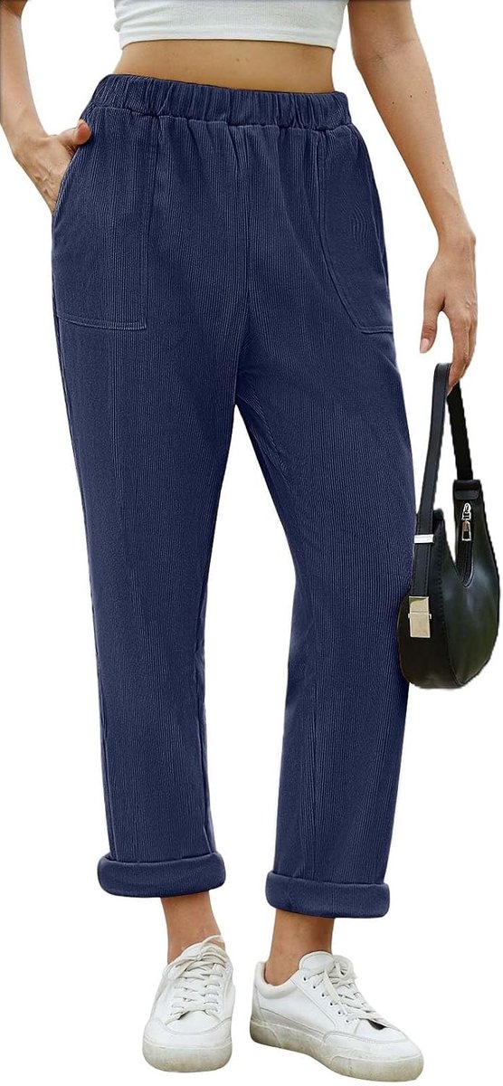 Corduroy damesbroek met elastische taille, casual broek met zakken, losse pasvorm, volledige lengte, rekbare lichtgewicht broek, rechte pijpen, trekbroek