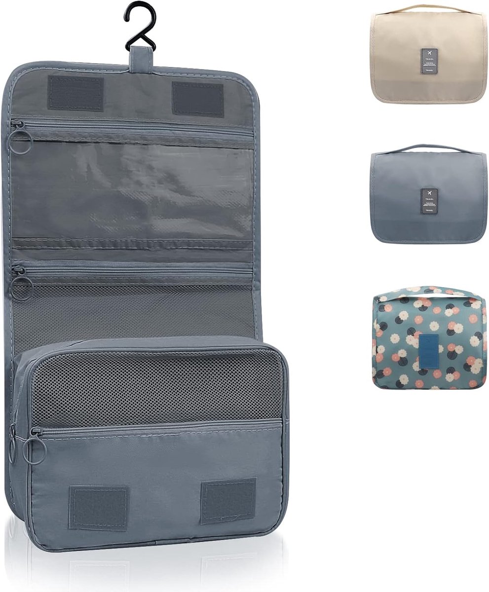Toilettas, Opvouwbare Waszak, Cosmetische Tas, Opvouwbare Reistoilettas met Draaggreep, Waszak voor Mannen en Vrouwen, Lichtgrijs, L, Toilettassen