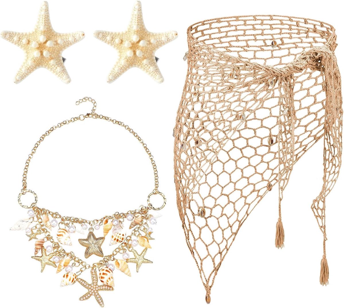 Zeemeerminkostuum voor dames, gehaakte rok voor dames, strand, zeester, haarspeld, schelp, halsketting, witte schelpketting, rok, sexy strandrok, visnetrok voor carnaval, themafeest, Halloween