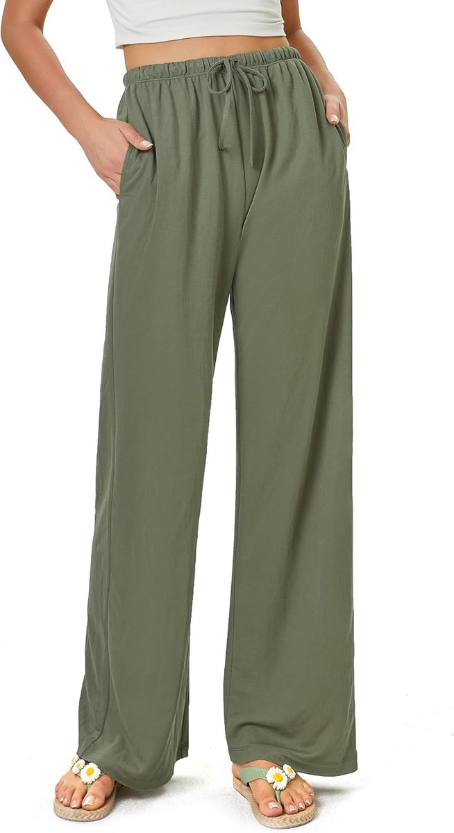Damesbroek, flowy brede pijpen, vrijetijdsbroek, casual, strand, hoge taille, trekkoord, palazzo broek met zakken