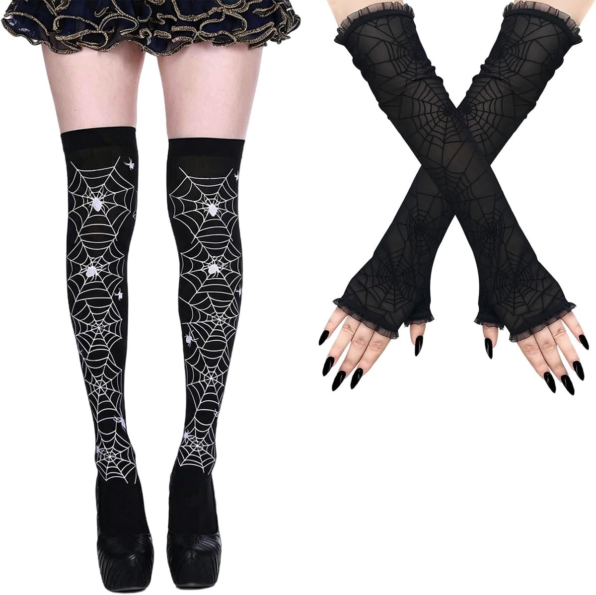 Spinnenwebset voor dames, 1 paar zwarte panty met spinnenwebmotief en 1 paar handschoenen 43 cm lang, accessoire kostuum gothic heks vampier carnaval party