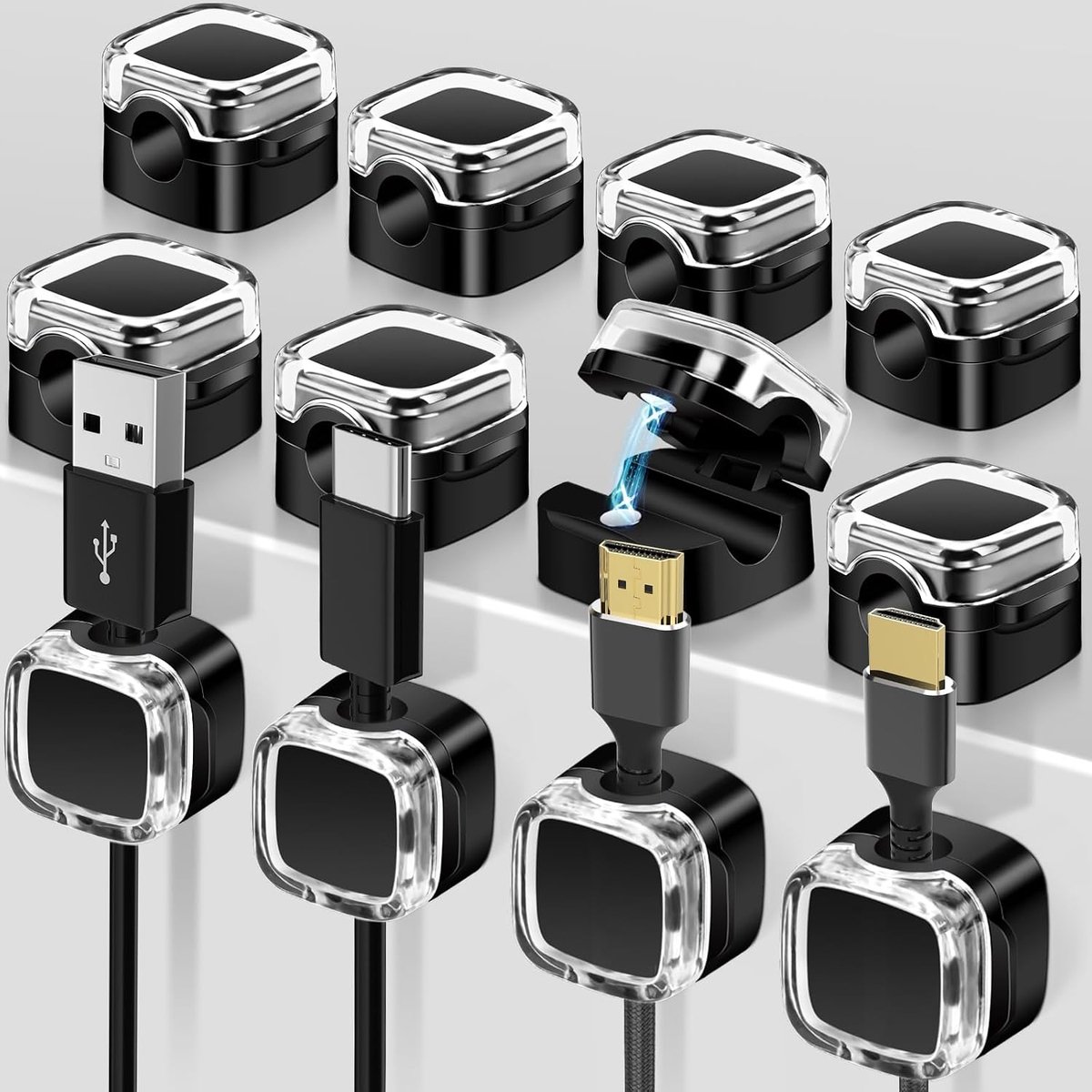 Kabelclips, kabelorganizer, magnetische kabelclips, magnetische opberghouder, kabelhouder, zelfklevend, kabelmanagement voor bureau, oplaadkabel, HDMI, USB (zwart)