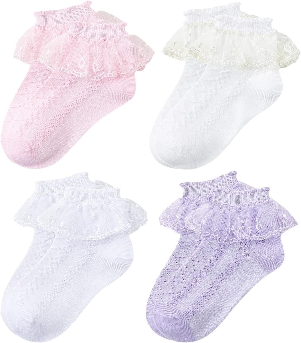 Set van 4 sokken met ruches voor meisjes, schoolsokken, voor kleine meisjes, 1-10 jaar
