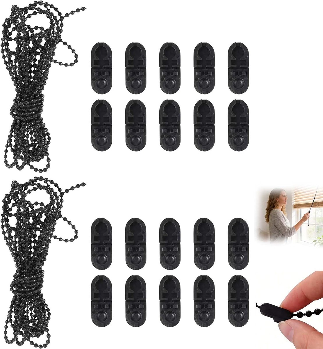 Para Estores de 10 m con 20 Clips – Kit de Accesorios para Cortinas Enrollables, Persianas, Estores Romanos y Verticales – Diámetro 4.5×6 mm (Color zwart)