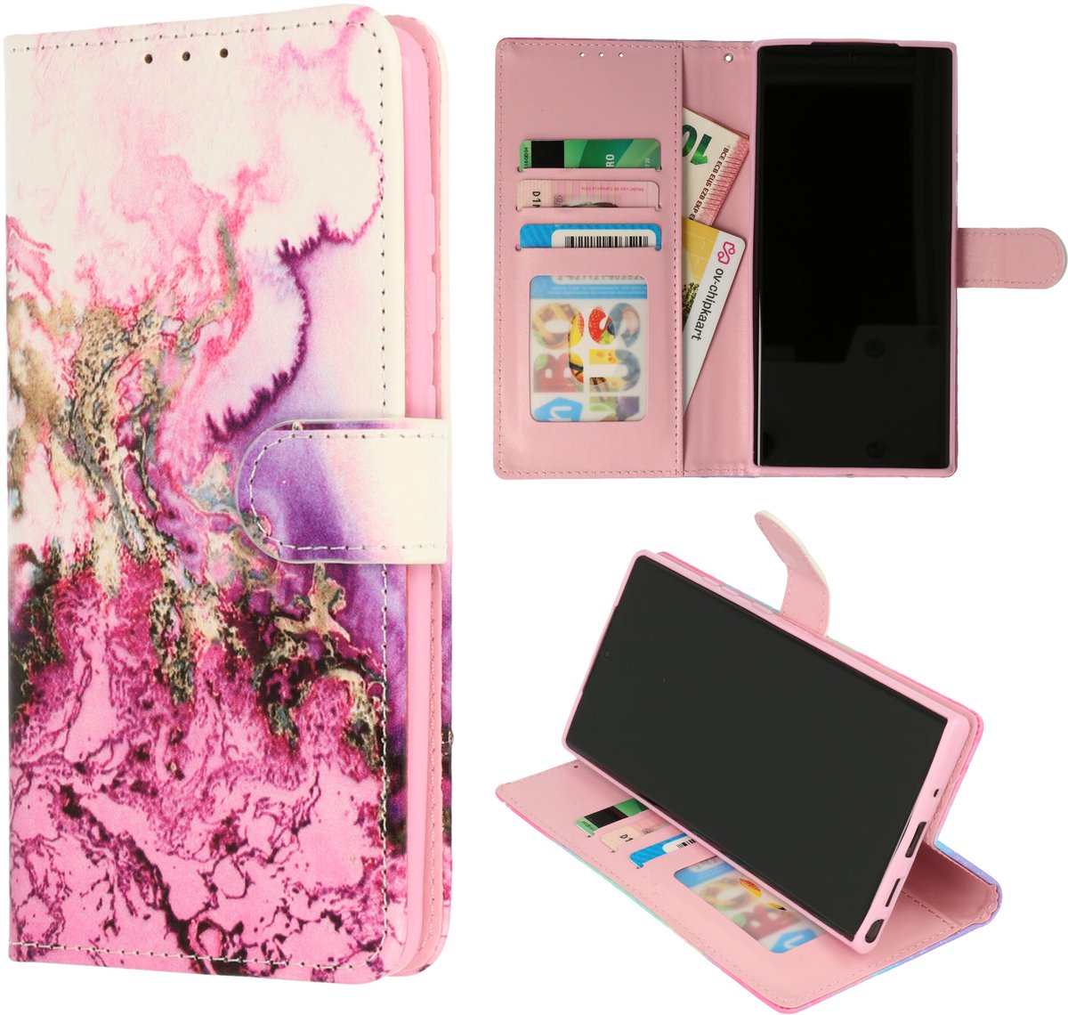 Casemania Hoesje Geschikt voor Apple iPhone 18 Pro - Marmer Paars - Portemonnee Print Bookcase met Pasjeshouder en Standaardfunctie - Wallet case met Ingebouwde Kaarthouders