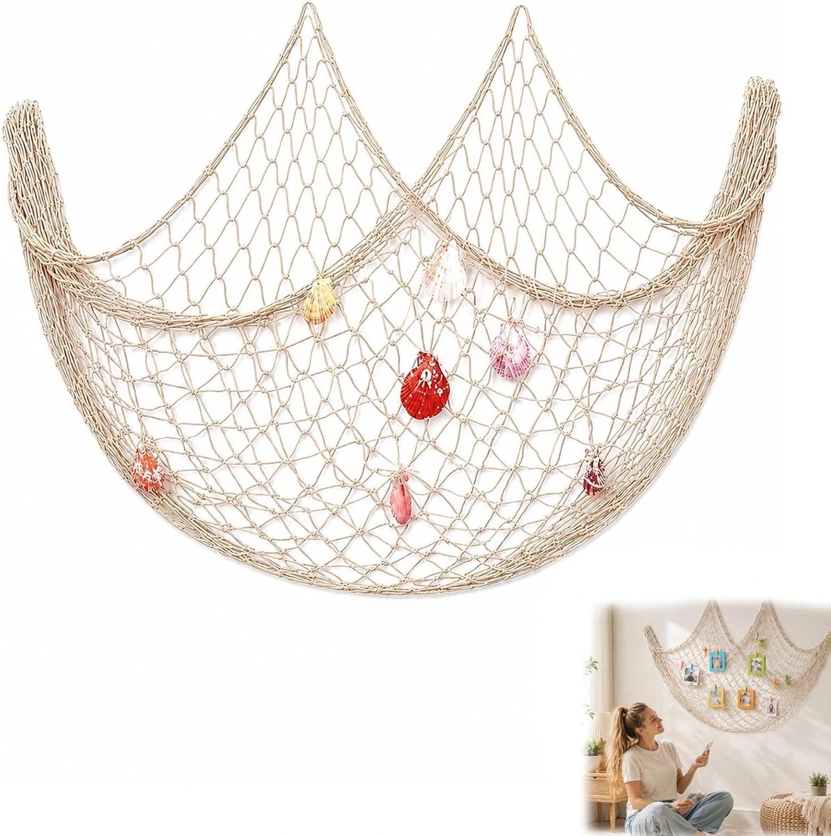 decoratie groot, 200 cm x 150 cm, visnet, decoratie met schelpen, zomerdecoratie voor feest, thuis, woonkamer, slaapkamer, mediterrane stijl (beige)