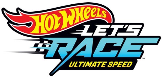 Logo Hot Wheels Let's Race Ultimate Speed in rood, geel en blauw op een witte achtergrond.