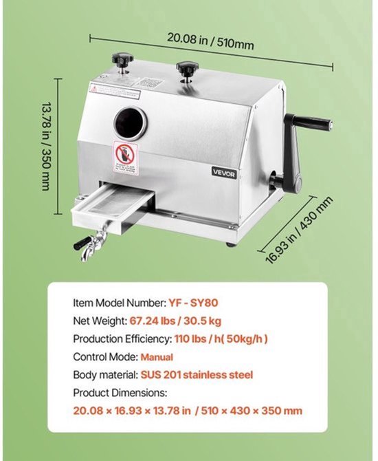 Suikerrietpers Handmatig - 110 kg per Uur Capaciteit - SUS201 Roestvrij Staal - Grote Inlaat 62 mm - Compacte Sapcentrifuge — afbeelding 5