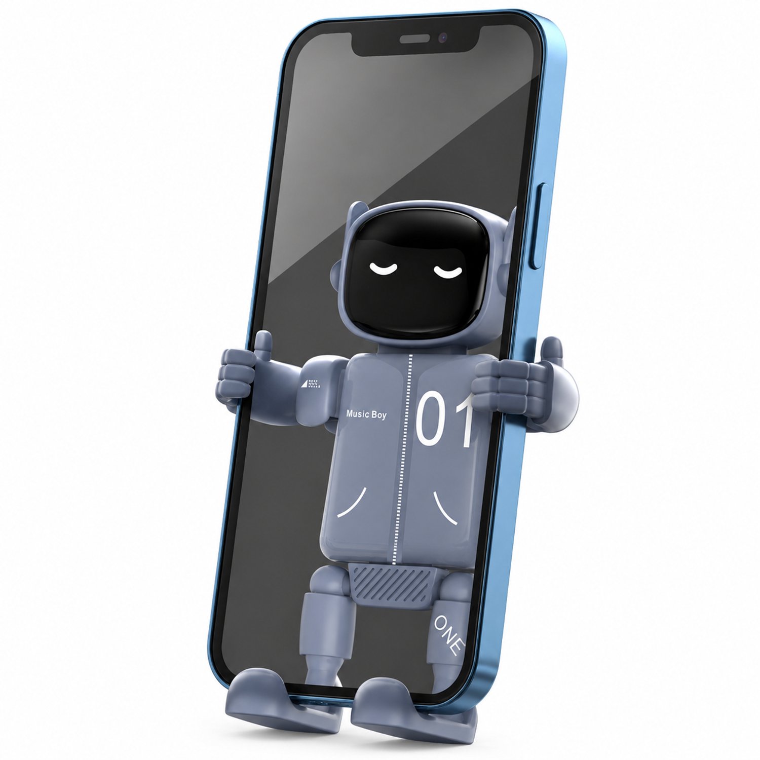 Telefoonhouders auto – robotvormige telefoonhouder met haakclip in nevelblauw, verpakt in een kleurendoos