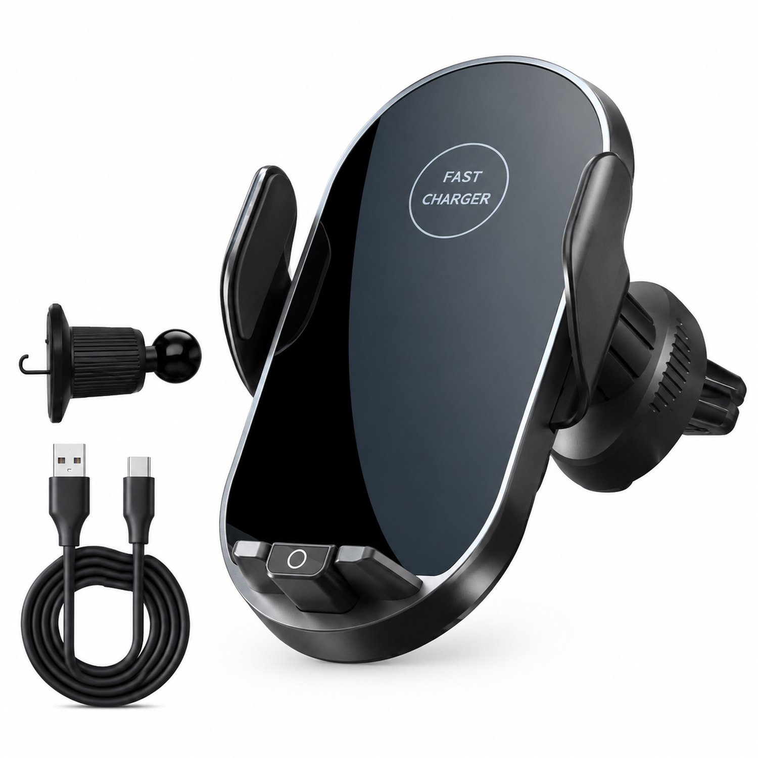 telefoonhouders auto - houder met 15W draadloos opladen - ventilatieroosterbevestiging - zwart, met haak en autolader