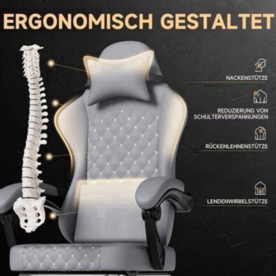 Gamingstoel – Gaming Chair – Bureaustoel – Gamestoel – Werkstoel – Ergonomisch Echt Leer – Massagefunctie – Uittrekbare Voetensteun – Grijs – Draagt 150 kg — afbeelding 3