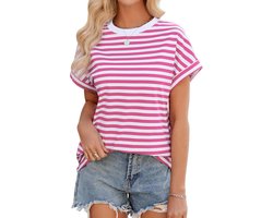 Xnova T-shirt voor dames, gestreept, zomer, korte mouwen, ronde hals, top, oversized, losse blouse, basic T-shirt, losse casual bovenstuk, zomertop