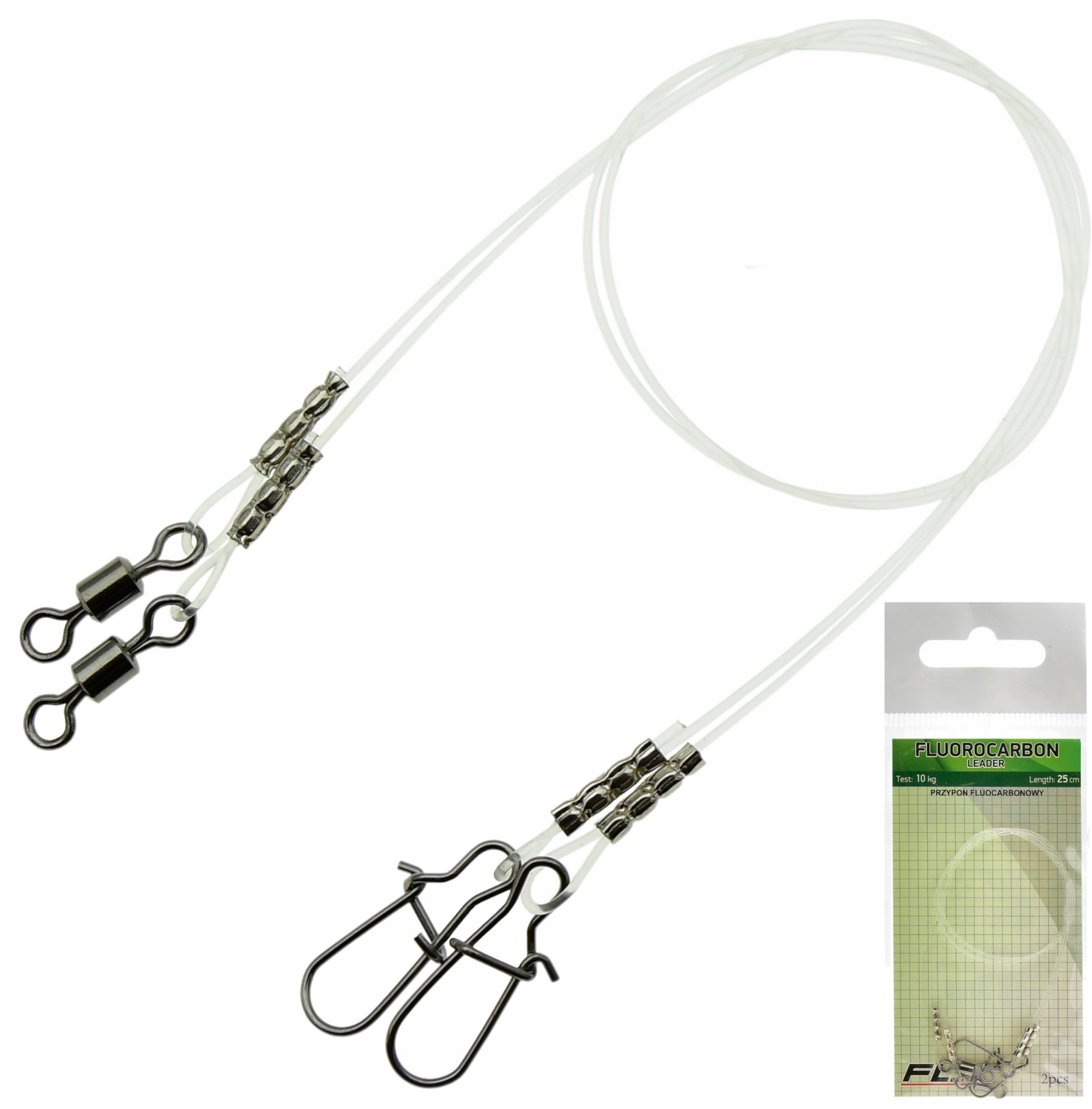 Fluorocarbon Onderlijnen 25cm 10kg - 2 stuks met wartel en clip