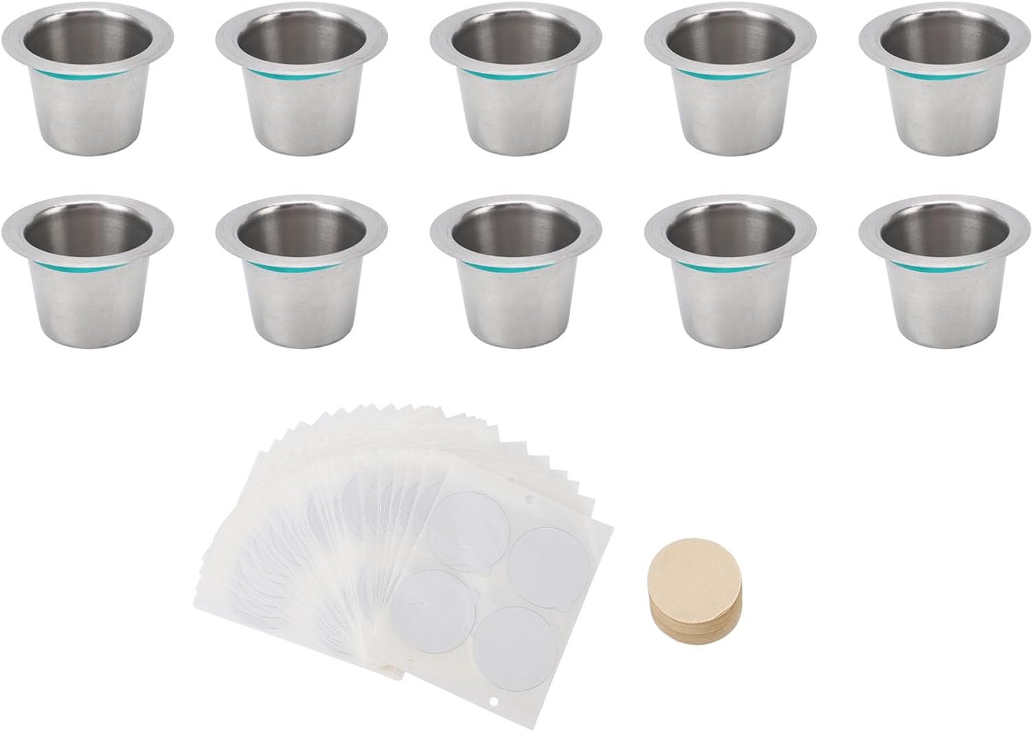 Koffiecapsules Beker Herbruikbare koffiepadsset Complete koffiezetset voor thuisgebruik in de keuken Roestvrij staal 10 stuks met aluminiumfoliedeksels Filterpapier