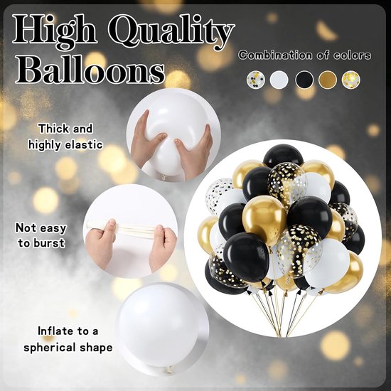 Zwarte en gouden ballonnen 68 stuks, 30 cm helium witgoud en zwarte ballonnen gouden confetti ballonnen verjaardagsdecoraties voor vrouwen mannen bruiloft afstuderen pensioen verjaardagsfeestje — afbeelding 2