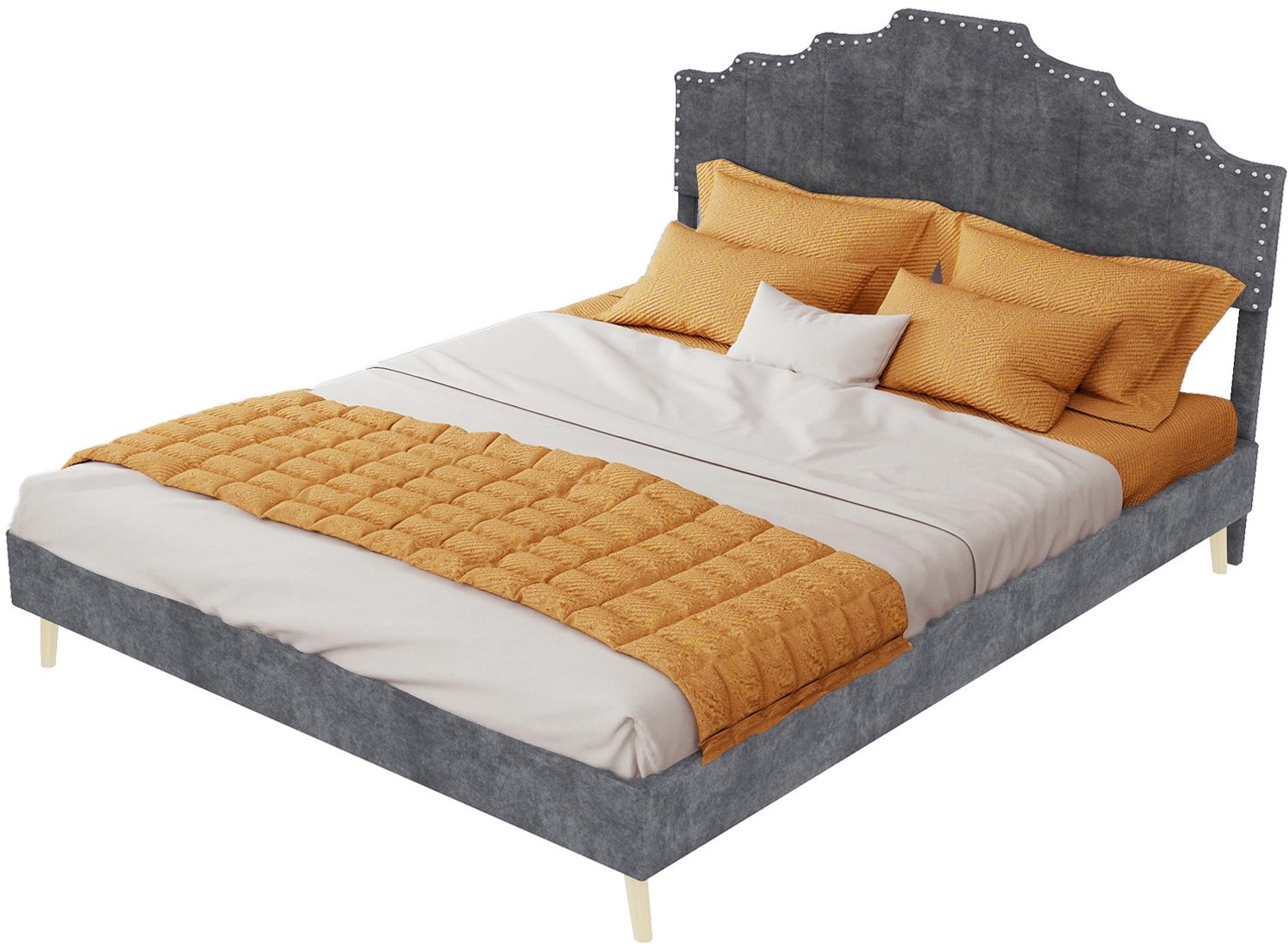 Merax Gestoffeerd Bed 140 x 200 cm - Grijs Fluweel - Tweepersoonsbed Met Hoofdbord - Laag Bedframe - Houten Lattenbodem - Zonder Matras