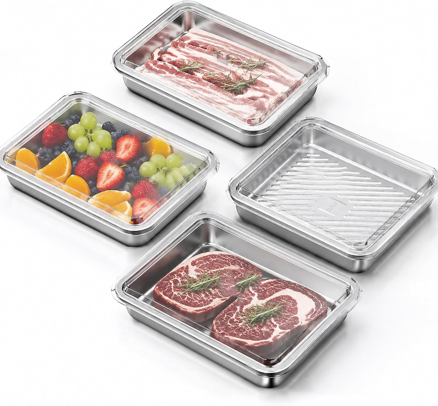 Fresh Set van 4 vleesdozen voor de koelkast, roestvrijstalen vleespotten, vershouddozen, stapelbare vriesdozen, koelkast, vriezer, organizer voor kaas, vleeswaren (B)