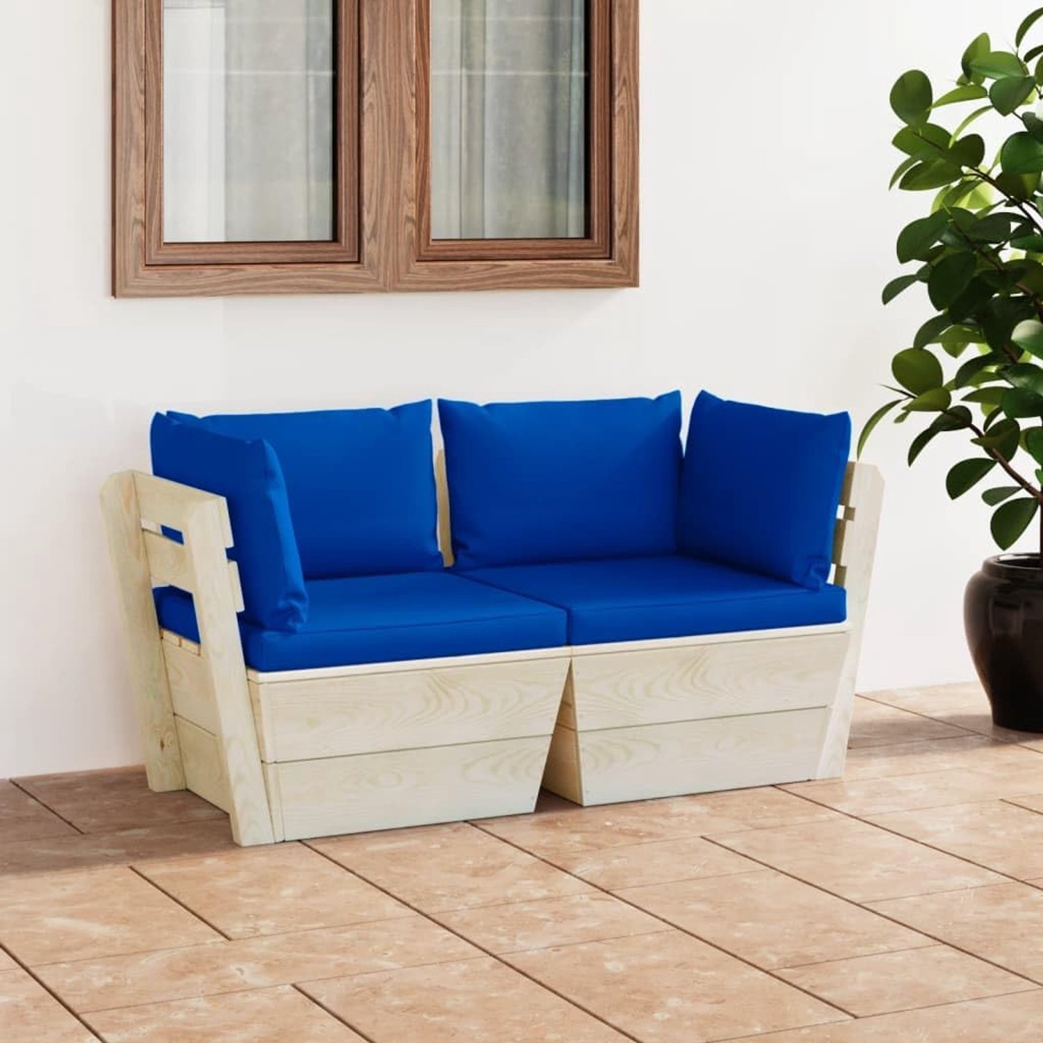 Palletsofa 2-zits tuinbank met kussens, sparrenhout, balkonmeubelset, terrasmeubelset, terrasmeubelset voor terras, tuin, balkon