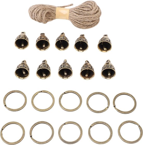 10 stuks puur koperen bellen handgepolijst kleine ambachten hangende bellen voor Kerstmis decoratief met 10M jute touw sleutelhangers — afbeelding 4