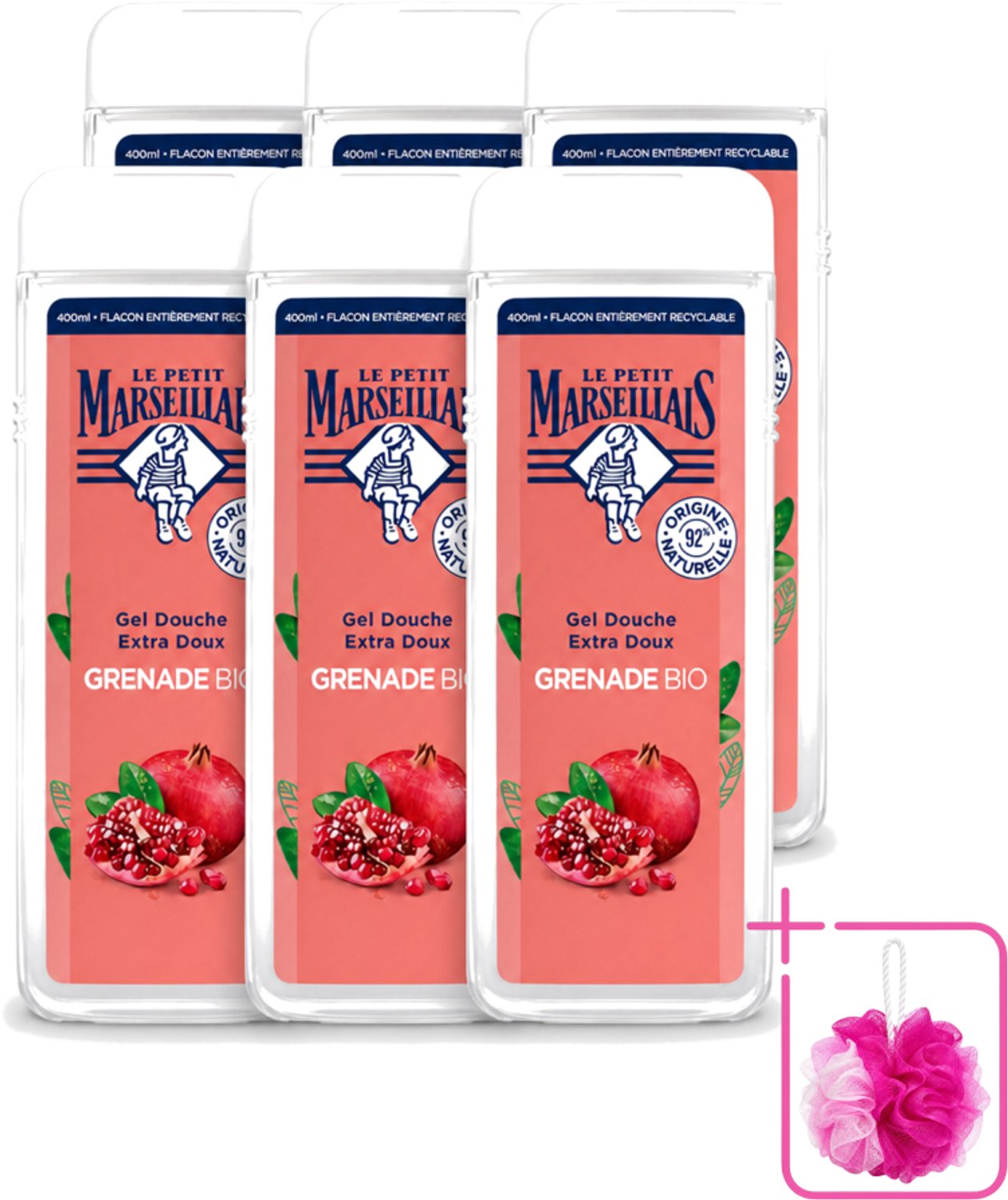 6 x Le Petit Marseillais – Douchegel – Grenade Bio – 400 ml - Bulkverpakking - Douchegel - Douchemop - Biologische douchegel