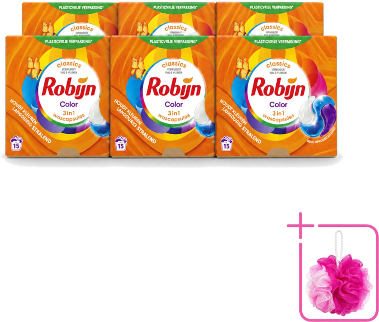 6 x Robijn – 3-in-1 Wascapsules – Color – 15 capsules - Bulkverpakking - Kleurbehoud - Douchemop - Wascapsules