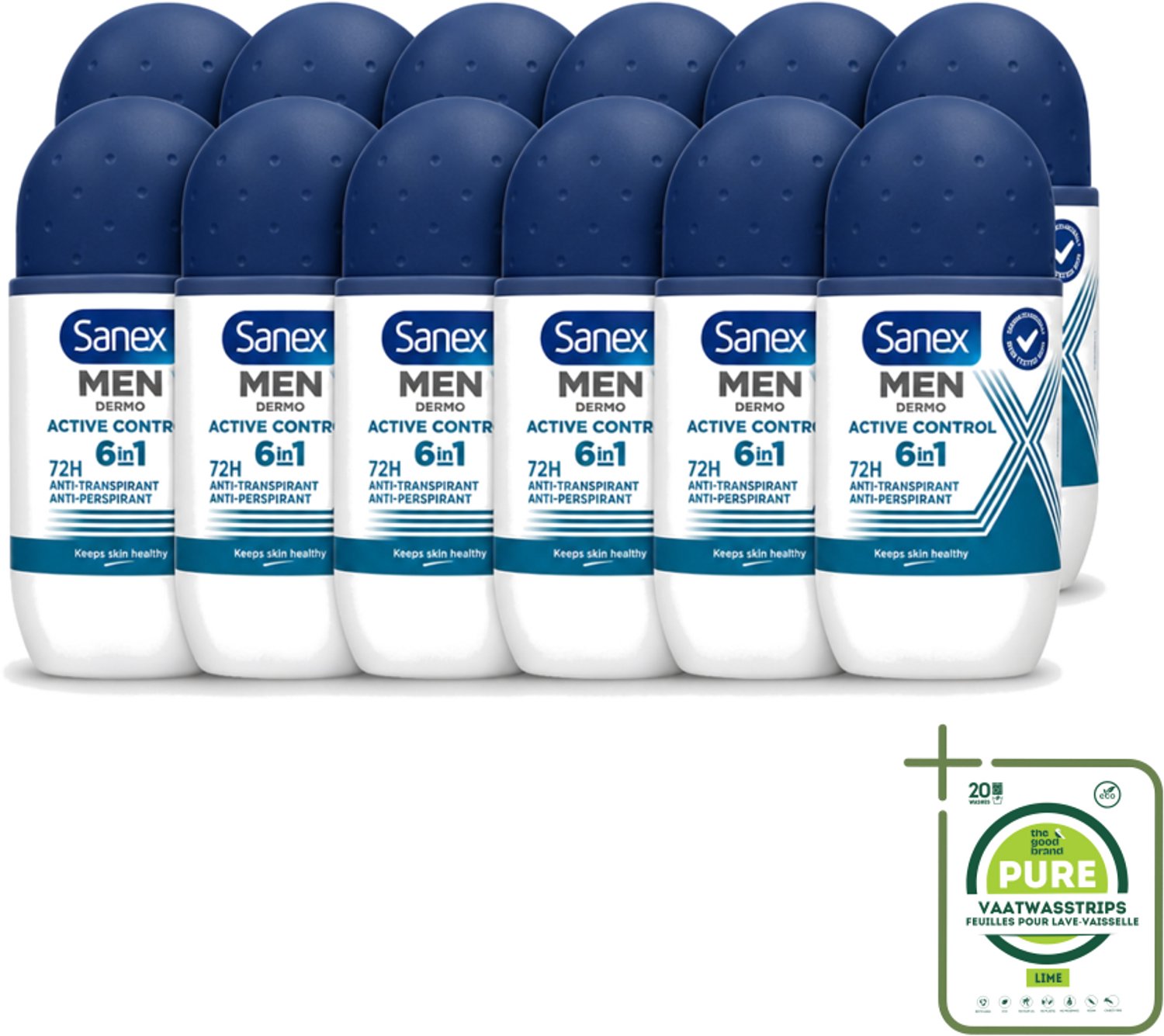 12 x Sanex Men – Deo Roll-on – Active Control – 53 ml - Grootverpakking - Vaatwasstrips - Deodorant Voor Mannen - Zweetbehandeling - Okselbescherming - Huidcomfort - Anti-irritatie